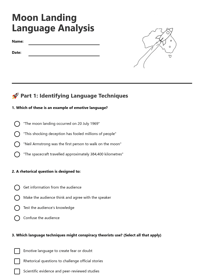 Moon Landing Language Analysis worksheet preview