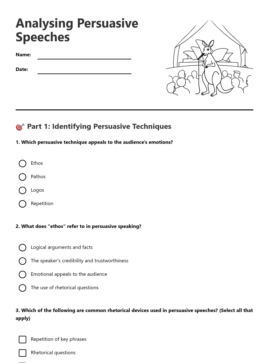 Analysing Persuasive Speeches worksheet preview