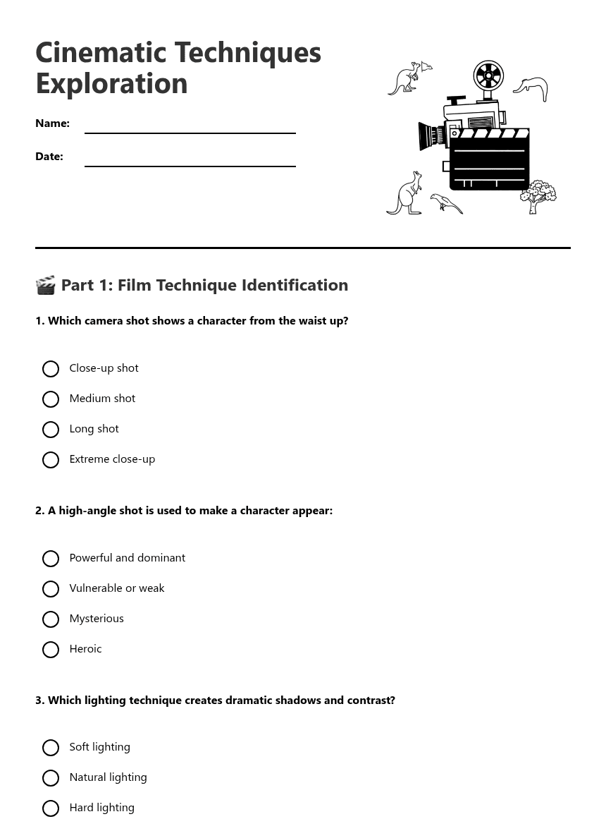 Cinematic Techniques Exploration worksheet preview