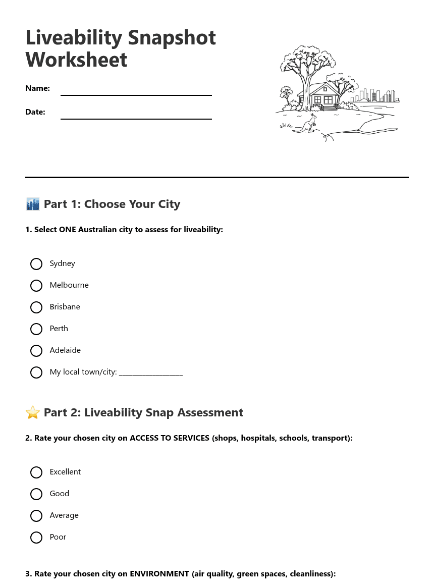 Liveability Snapshot Worksheet worksheet preview