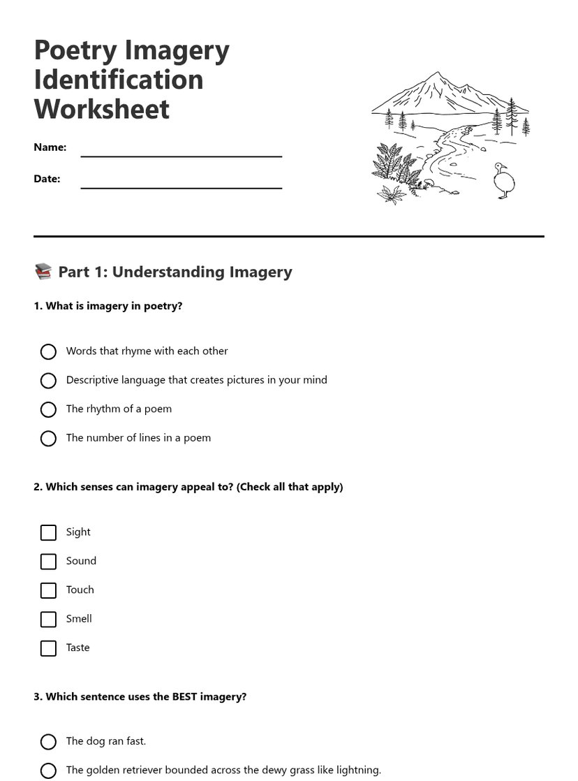 Poetry Imagery Identification Worksheet