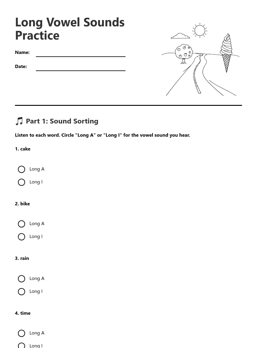 Long Vowel Sounds Practice worksheet preview