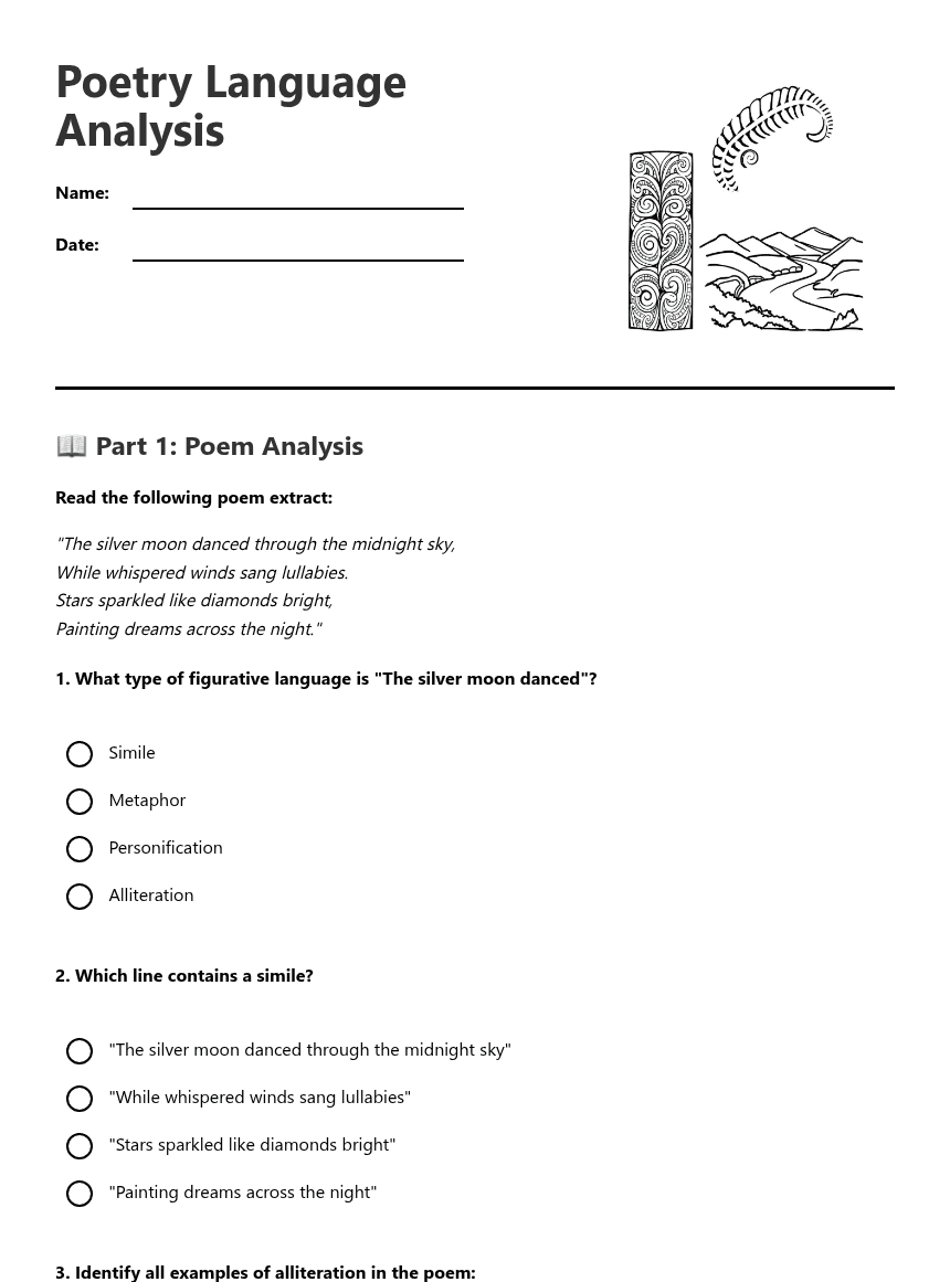 Poetry Language Analysis worksheet preview