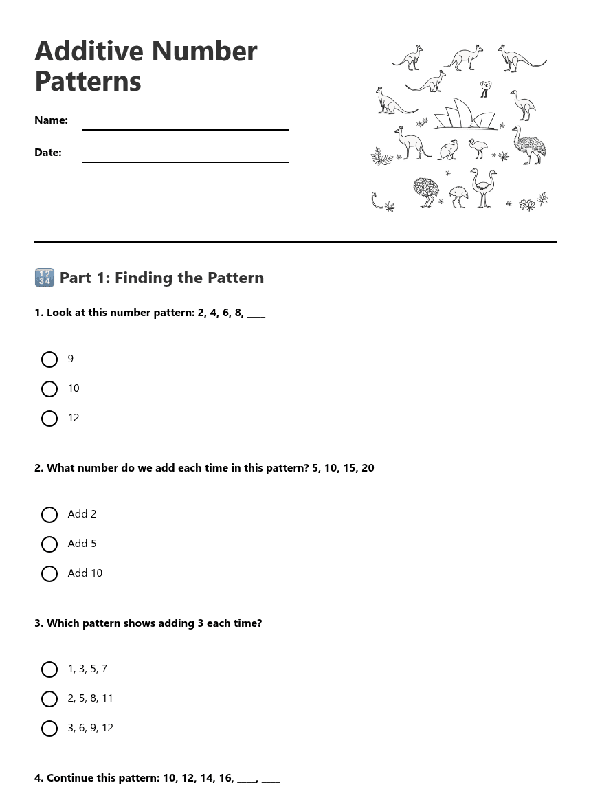 Additive Number Patterns worksheet preview