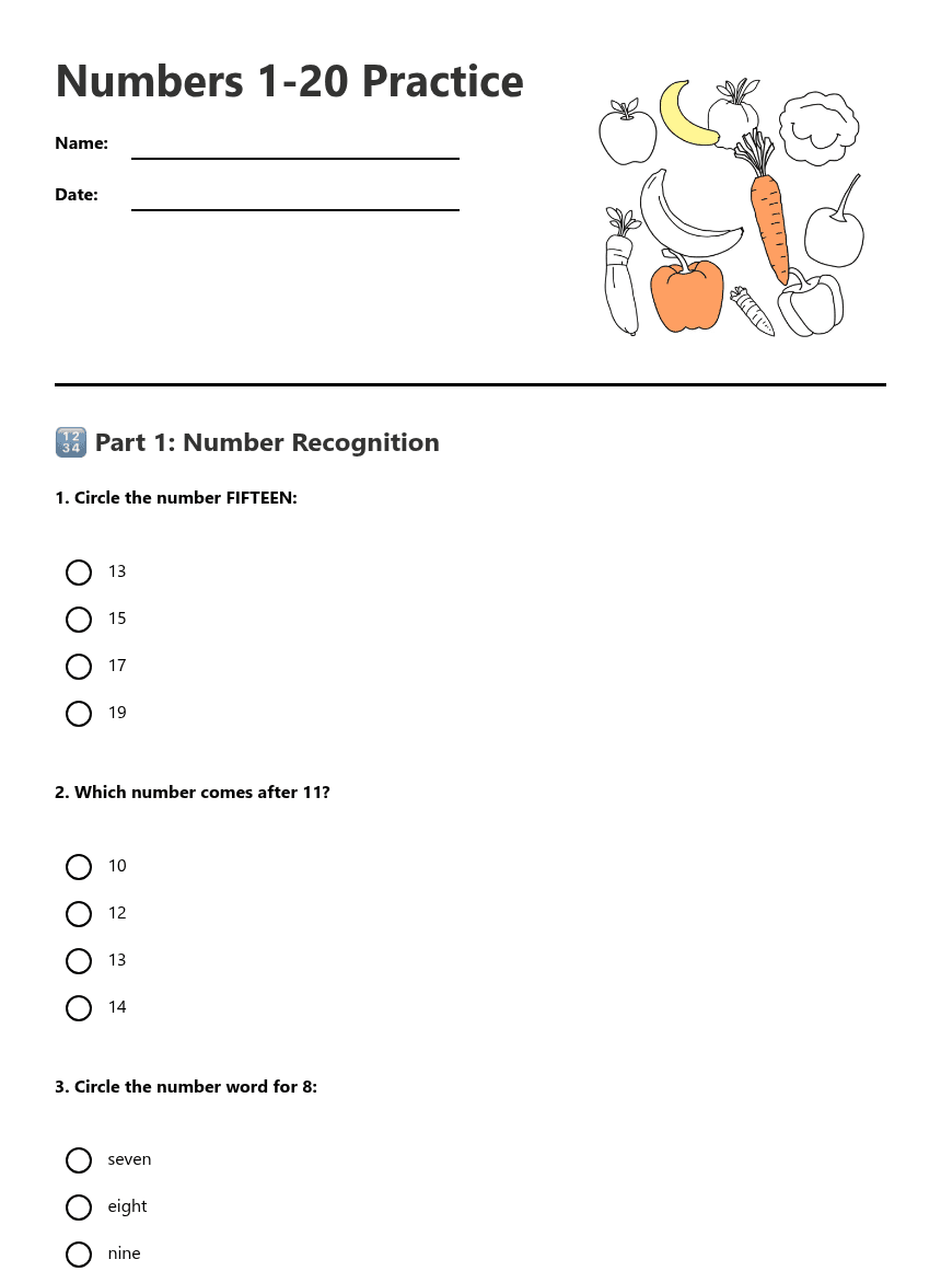 Numbers 1-20 Practice worksheet preview