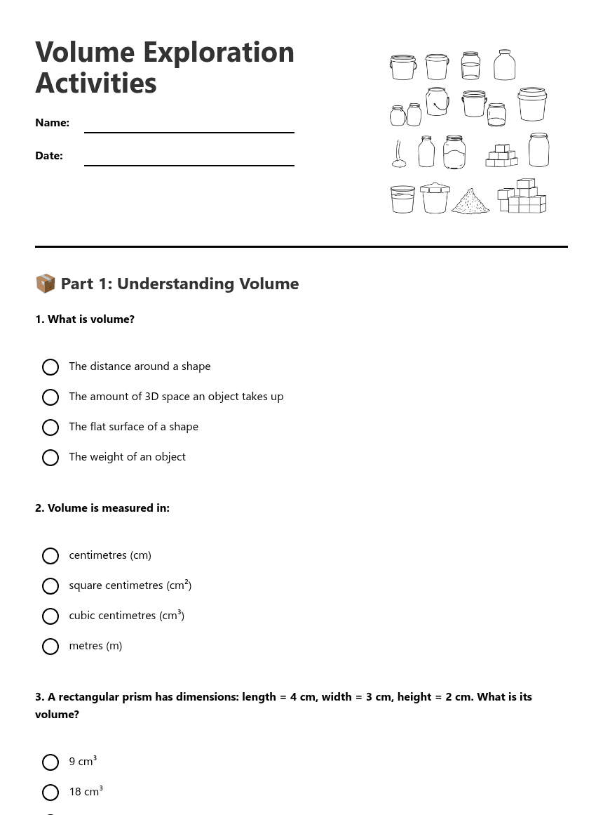Volume Exploration Activities worksheet preview