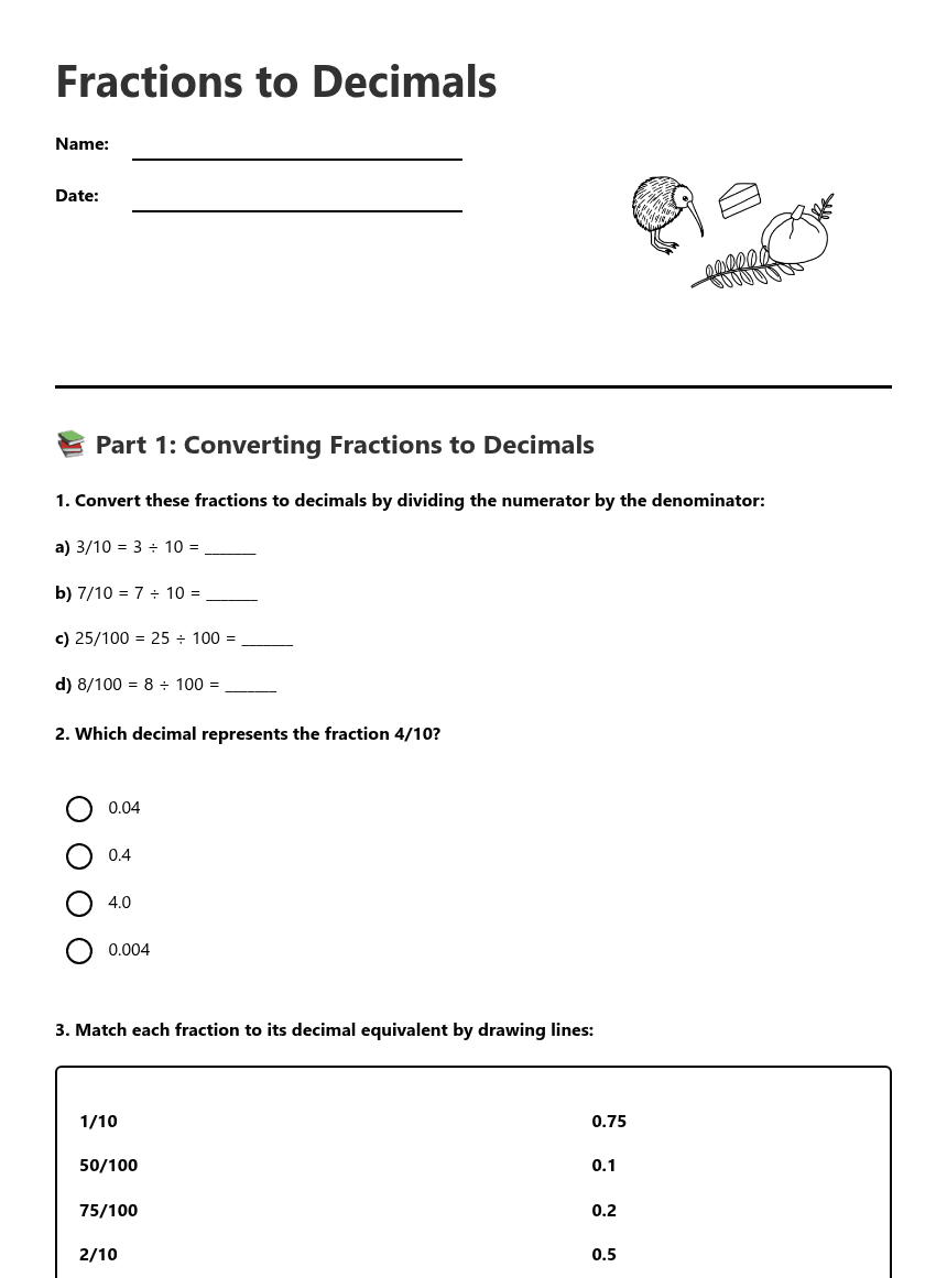 Fractions to Decimals worksheet preview
