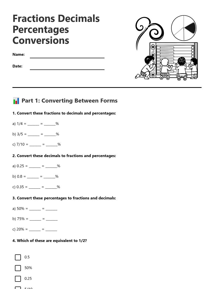 Fractions Decimals Percentages Conversions worksheet preview