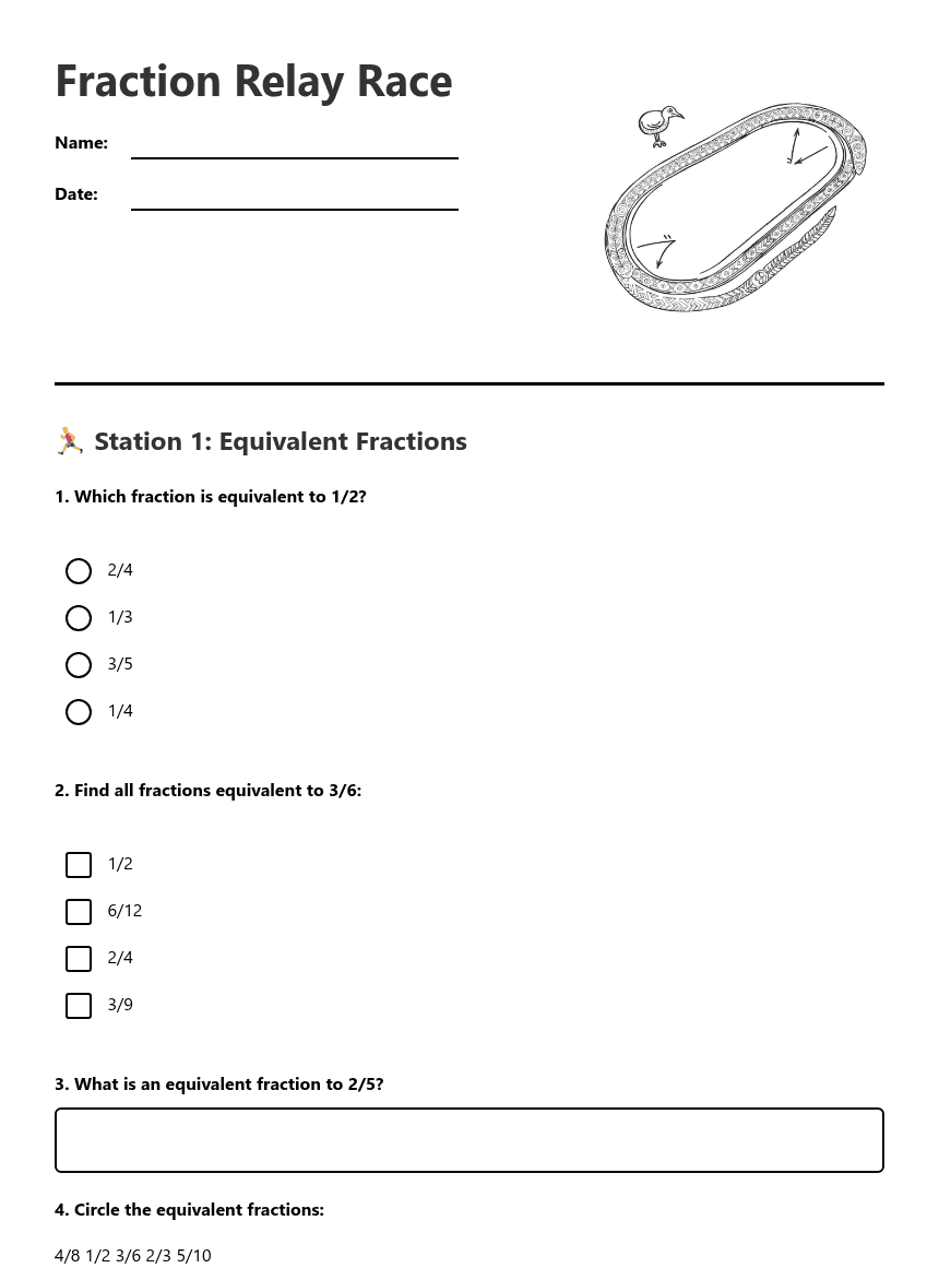 Fraction Relay Race worksheet preview