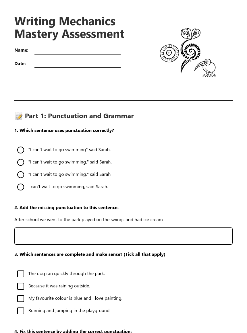 Writing Mechanics Mastery Assessment worksheet preview