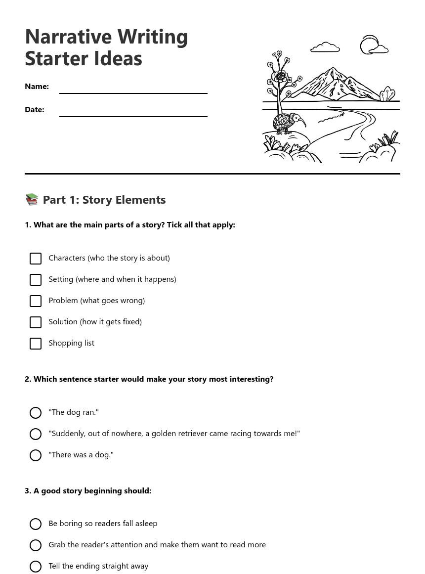 Narrative Writing Starter Ideas worksheet preview