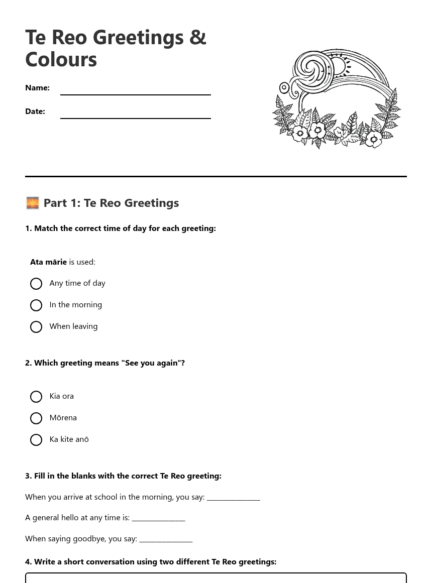Te Reo Greetings Colours worksheet preview