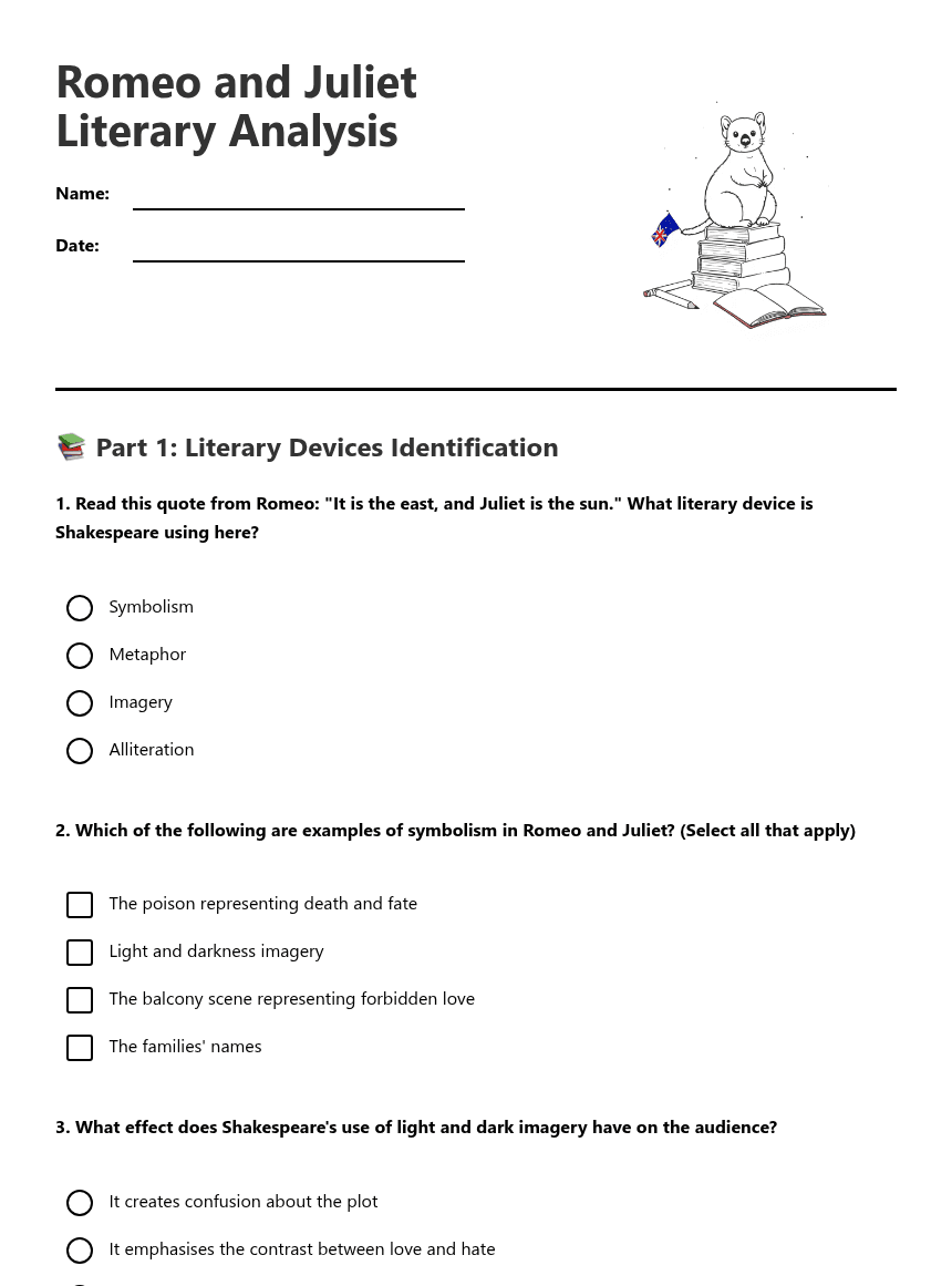 Romeo Juliet Literary Analysis worksheet preview
