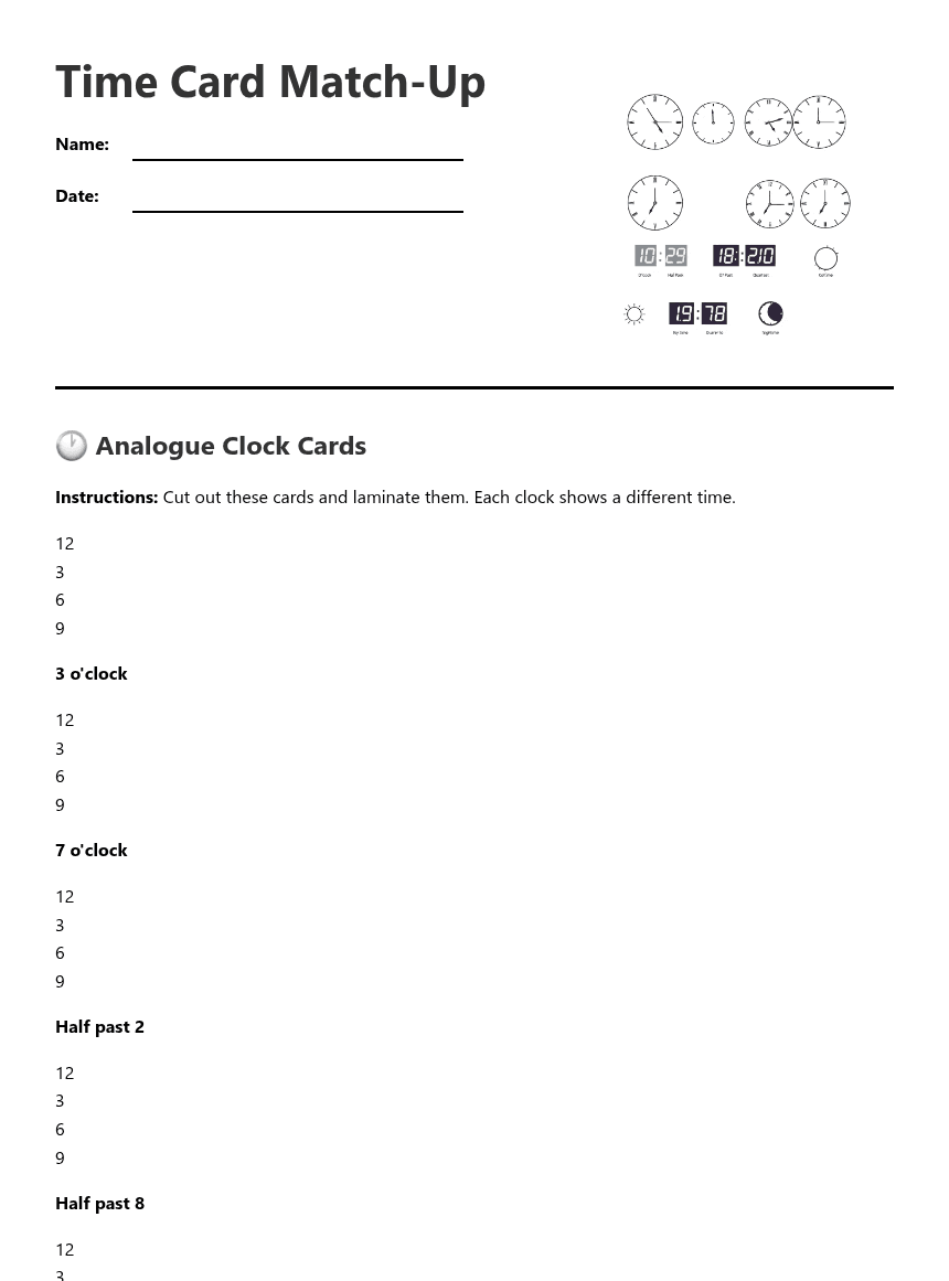 Time Card Match-Up worksheet preview