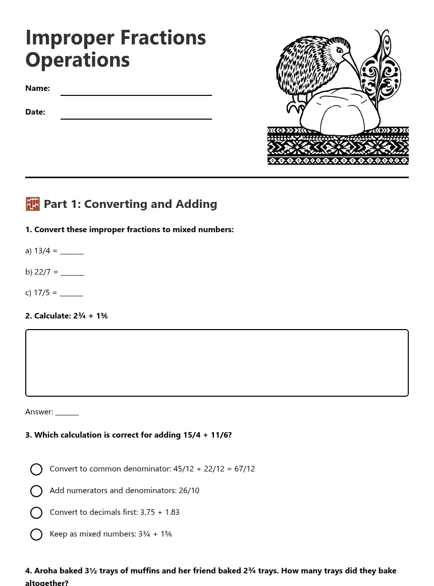Improper Fractions Operations worksheet preview