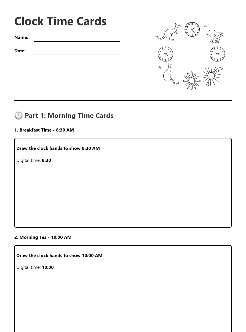 Clock Time Cards worksheet preview