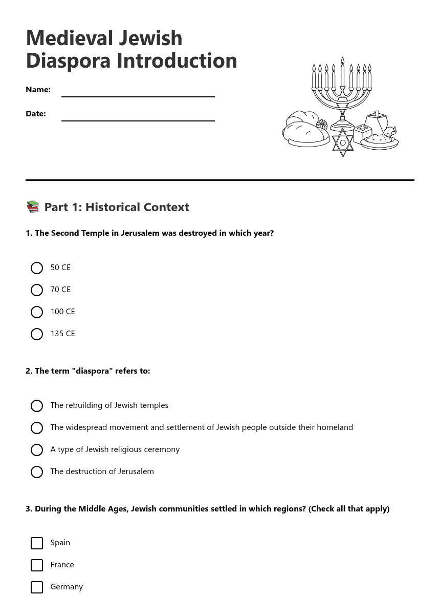 Medieval Jewish Diaspora Introduction worksheet preview