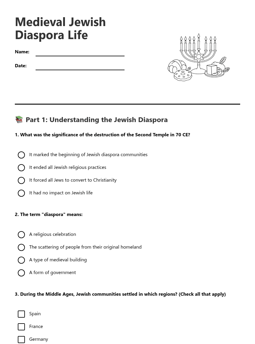 Medieval Jewish Diaspora Life worksheet preview