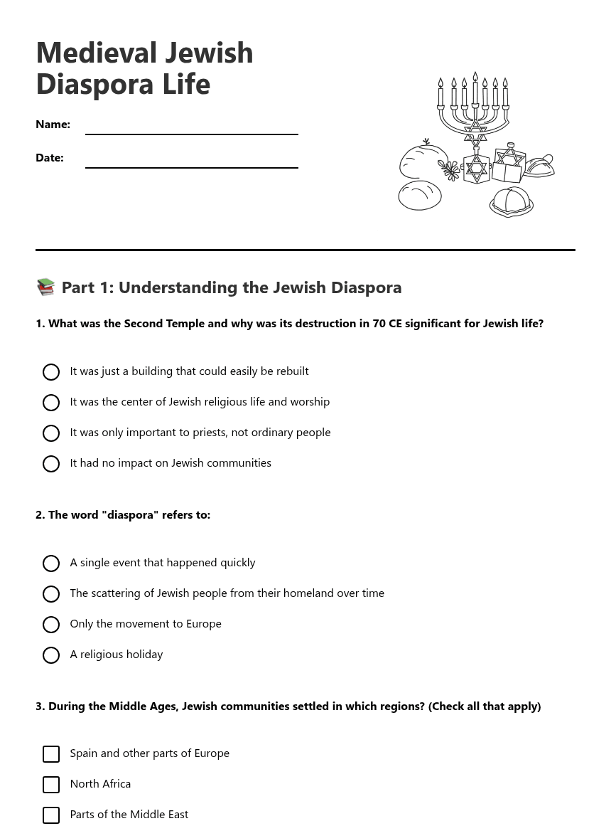Medieval Jewish Diaspora Life worksheet preview