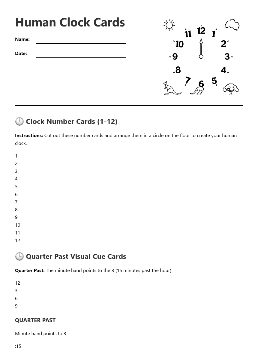 Human Clock Cards worksheet preview