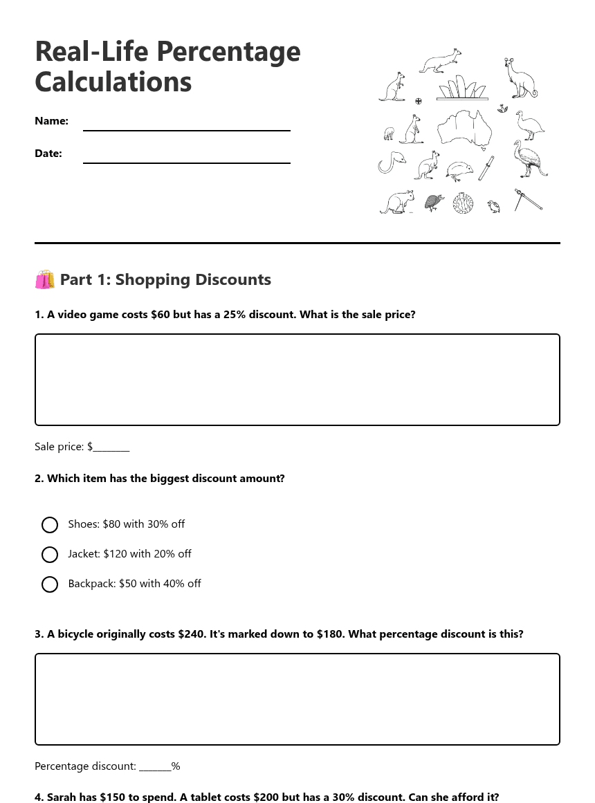 Real-Life Percentage Calculations worksheet preview