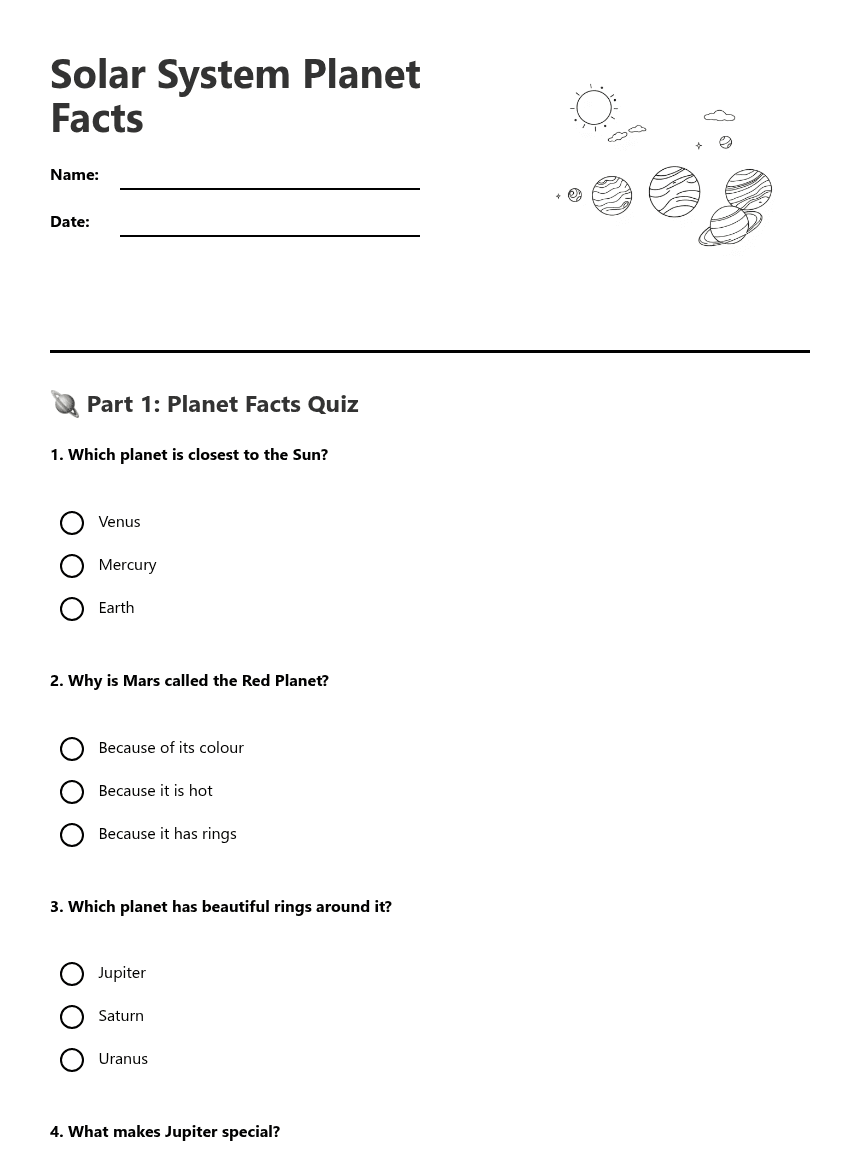 Solar System Planet Facts worksheet preview