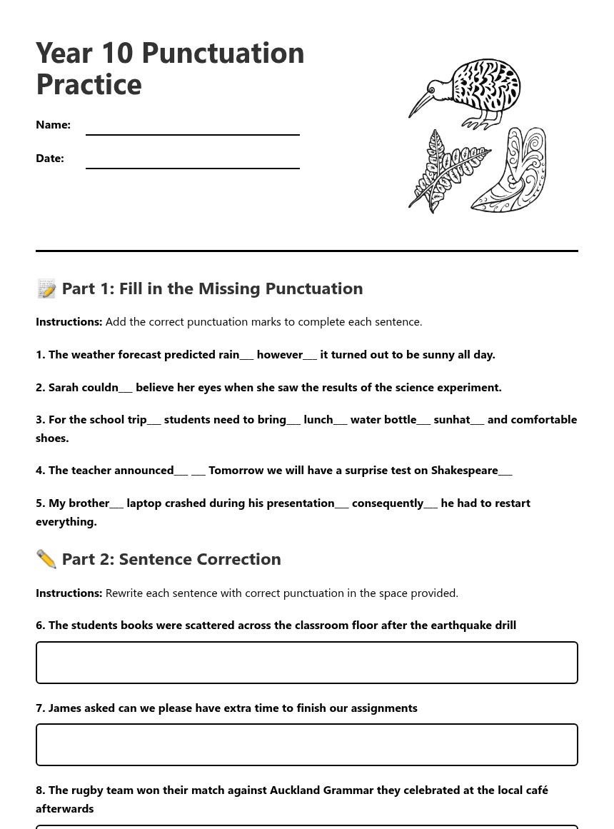 Year 10 Punctuation Practice worksheet preview