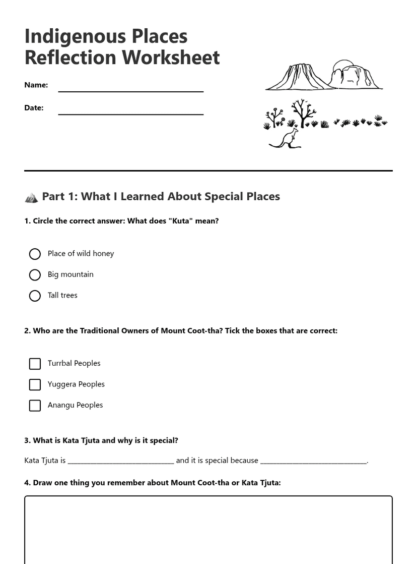 Indigenous Places Reflection Worksheet