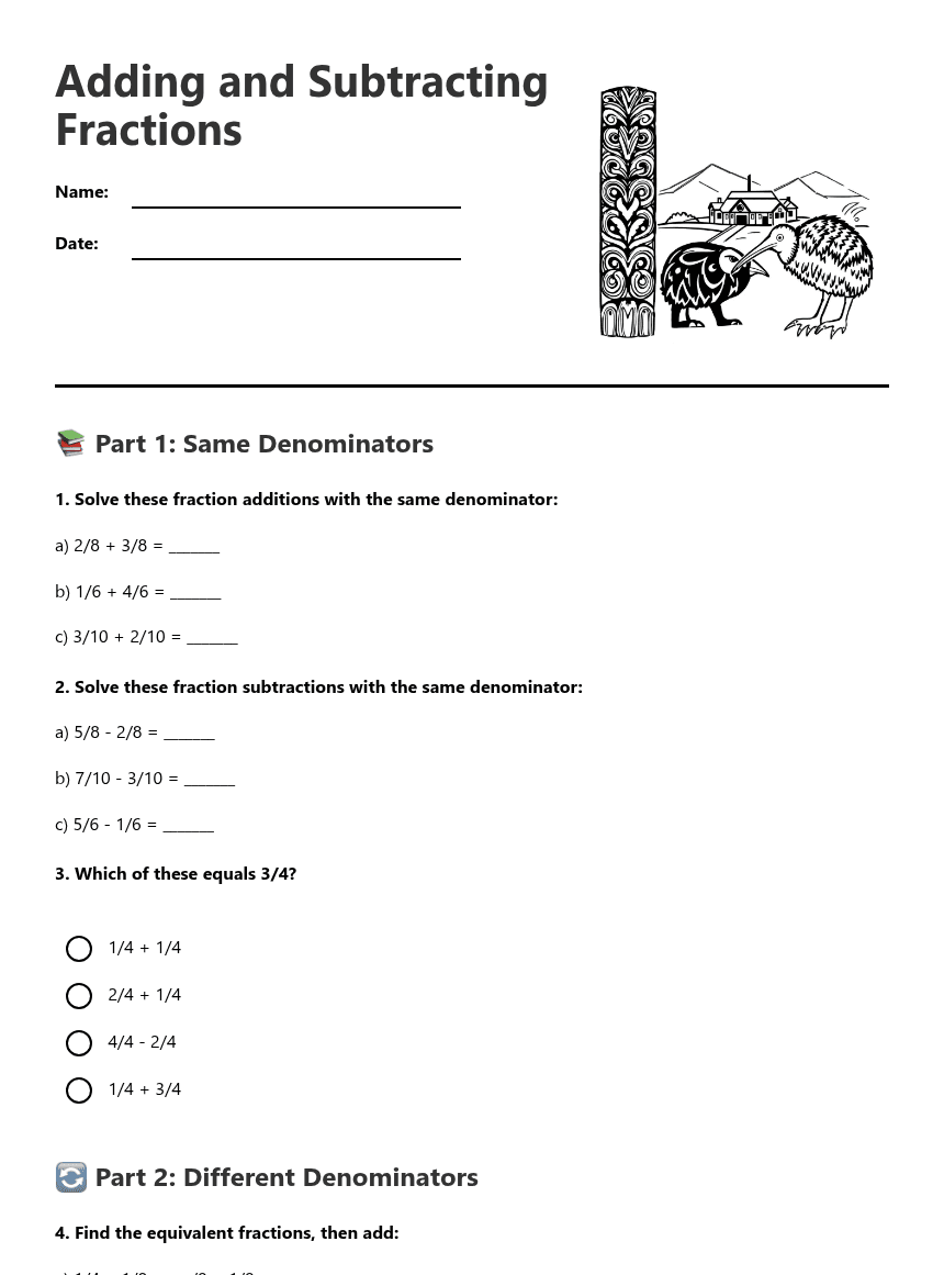 Adding and Subtracting Fractions worksheet preview