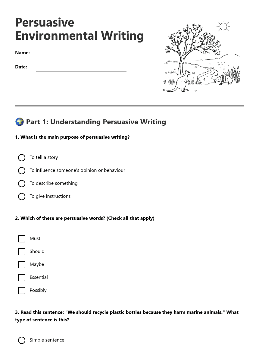 Persuasive Environmental Writing worksheet preview