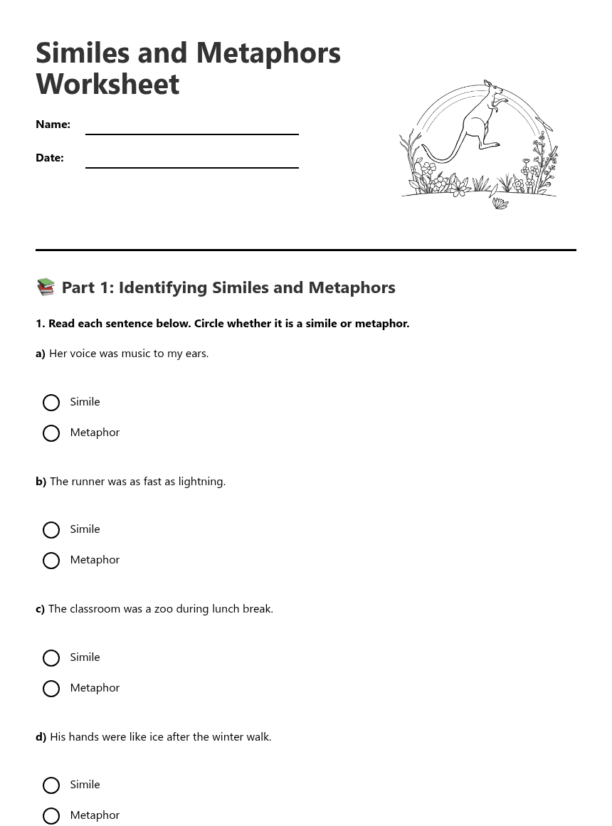 Similes and Metaphors Worksheet worksheet preview