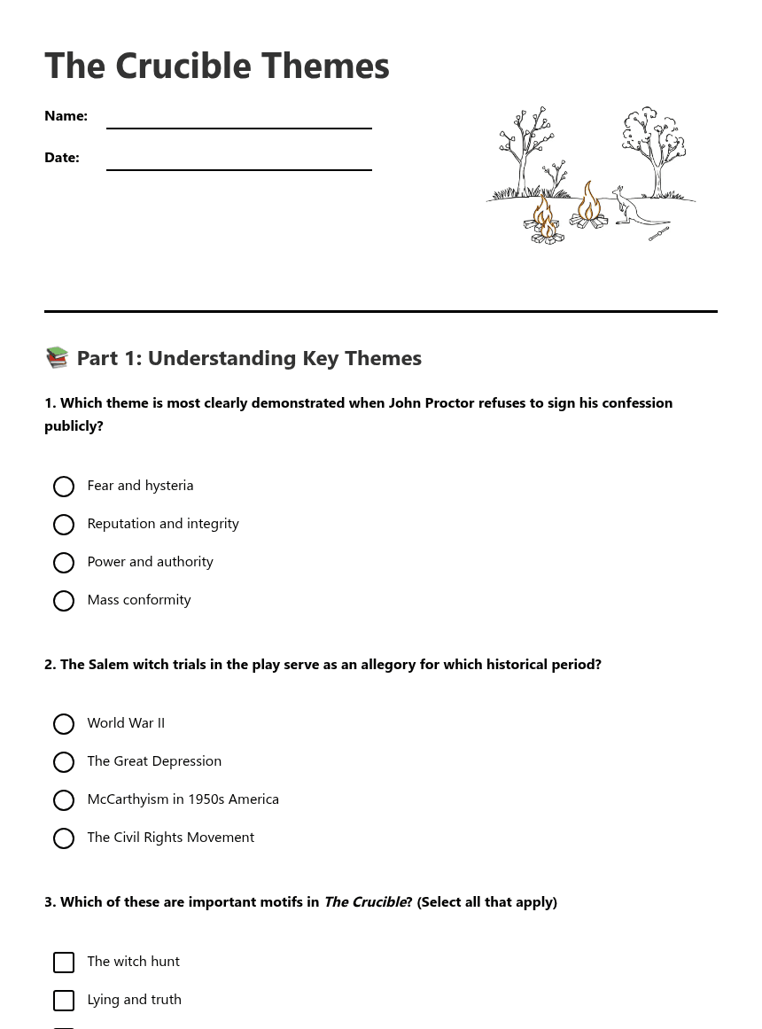 The Crucible Themes worksheet preview