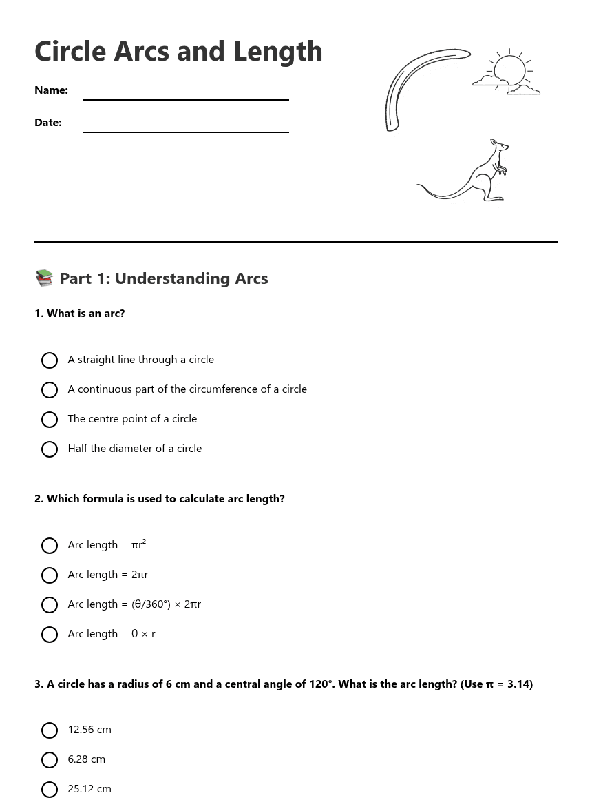Circle Arcs and Length worksheet preview