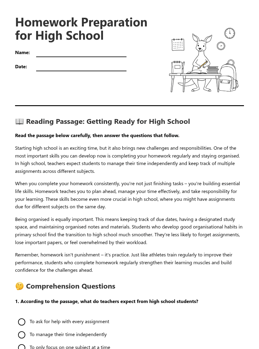 Homework Preparation for High School worksheet preview