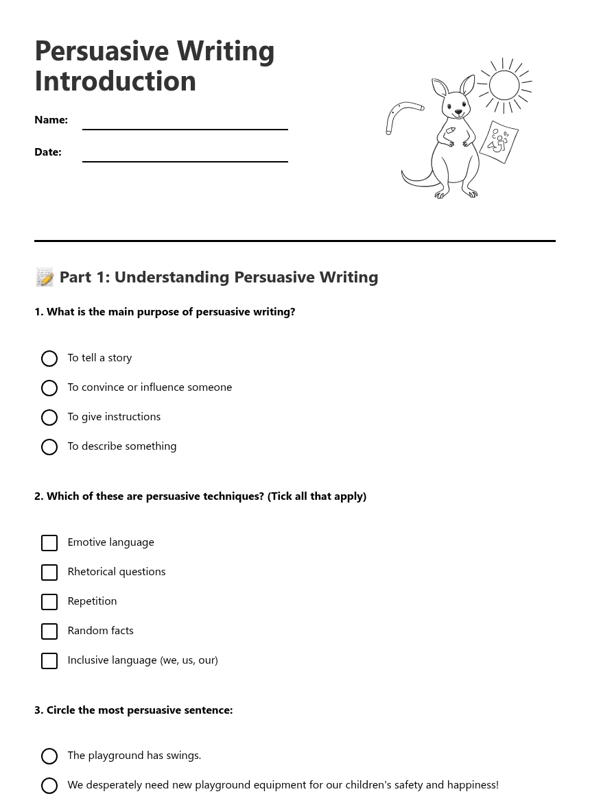 Persuasive Writing Introduction worksheet preview