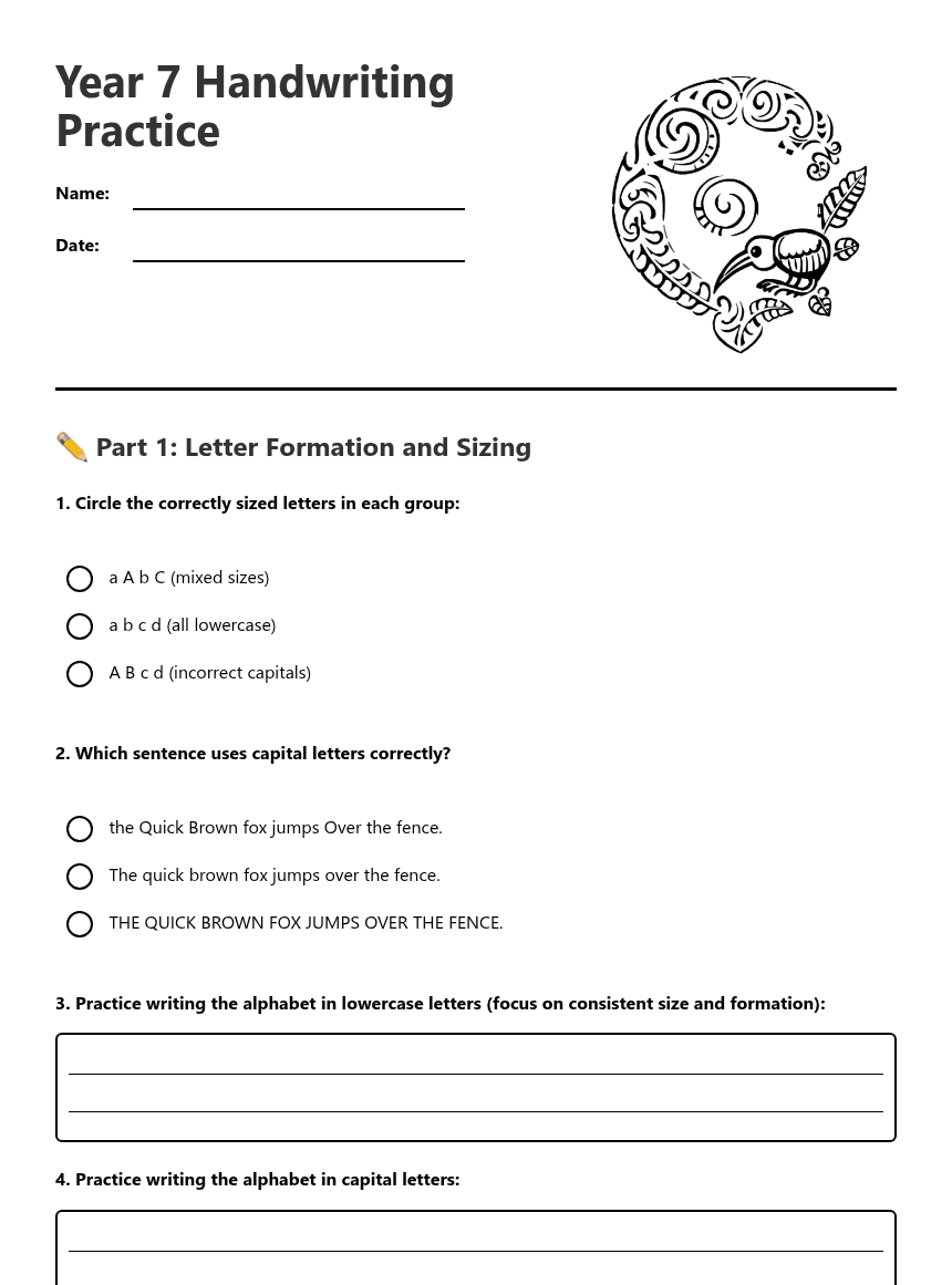 Year 7 Handwriting Practice worksheet preview