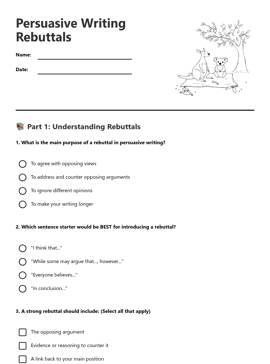 Persuasive Writing Rebuttals worksheet preview
