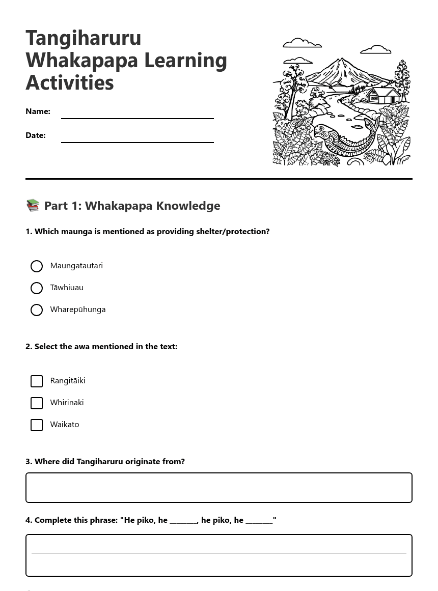 Tangiharuru Whakapapa Learning Activities worksheet preview