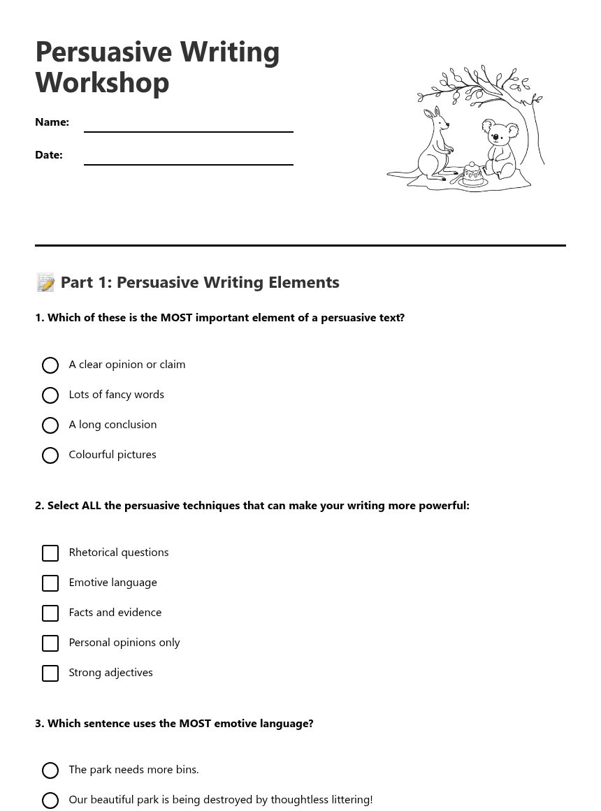 Persuasive Writing Workshop worksheet preview