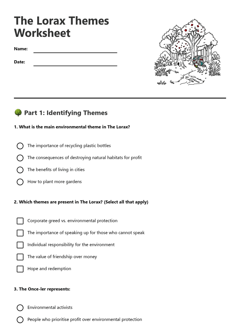 The Lorax Themes Worksheet
