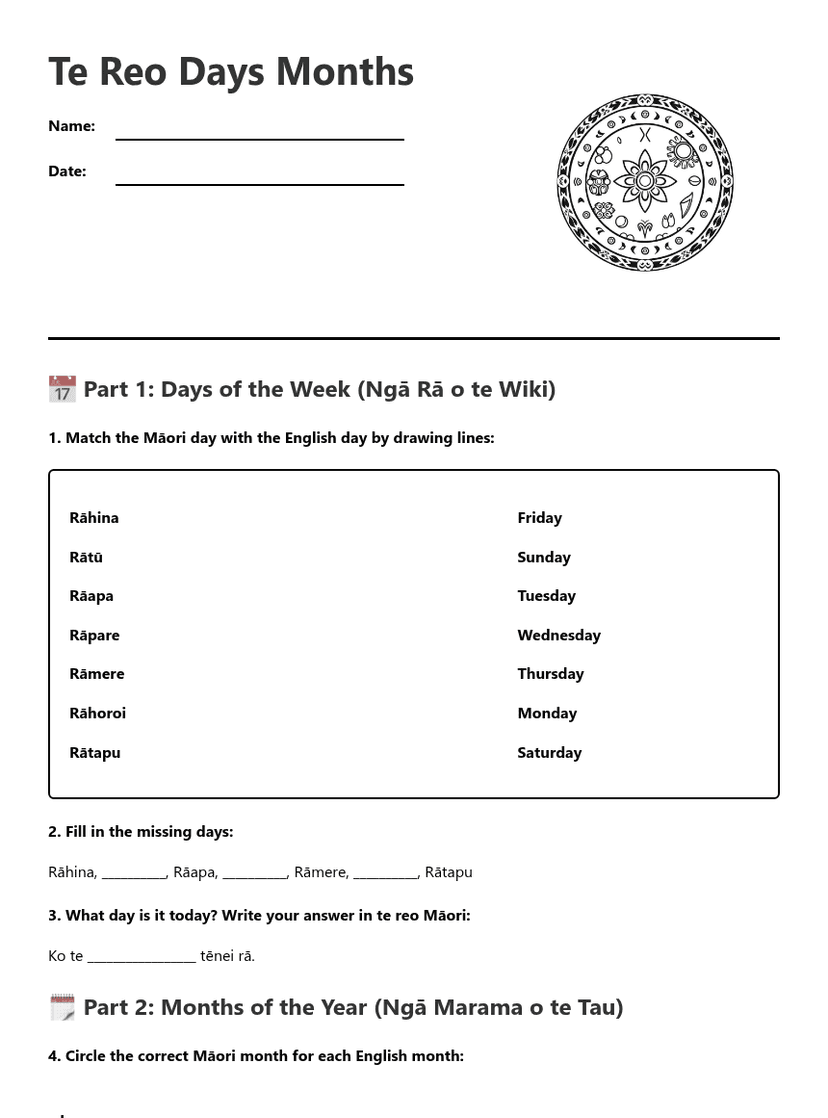 Te Reo Days Months