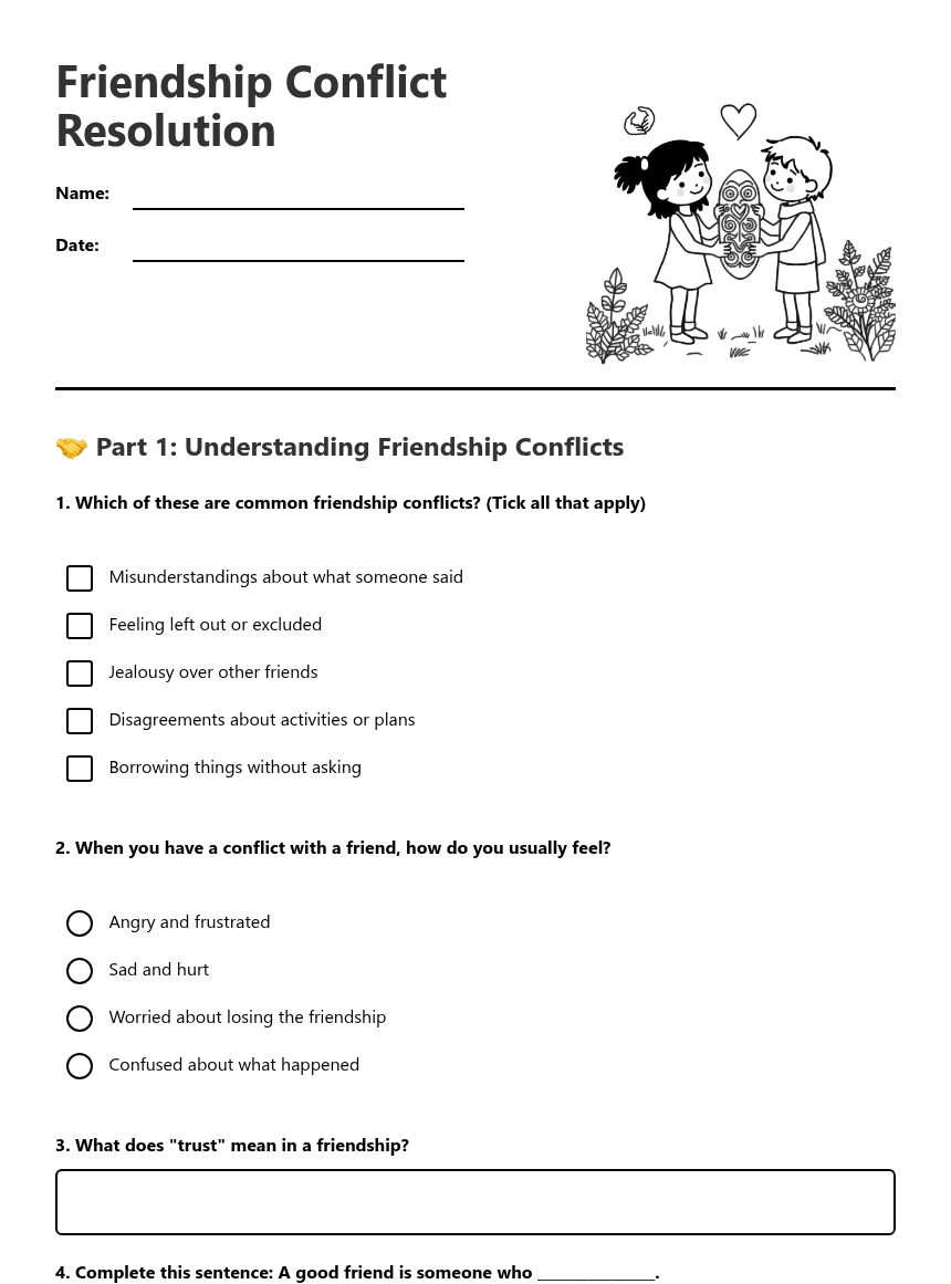Friendship Conflict Resolution worksheet preview
