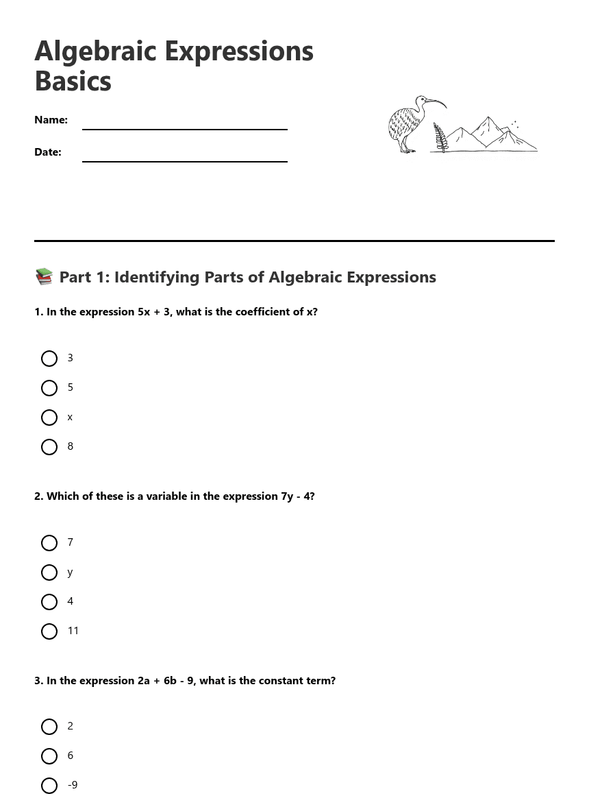 Algebraic Expressions Basics worksheet preview