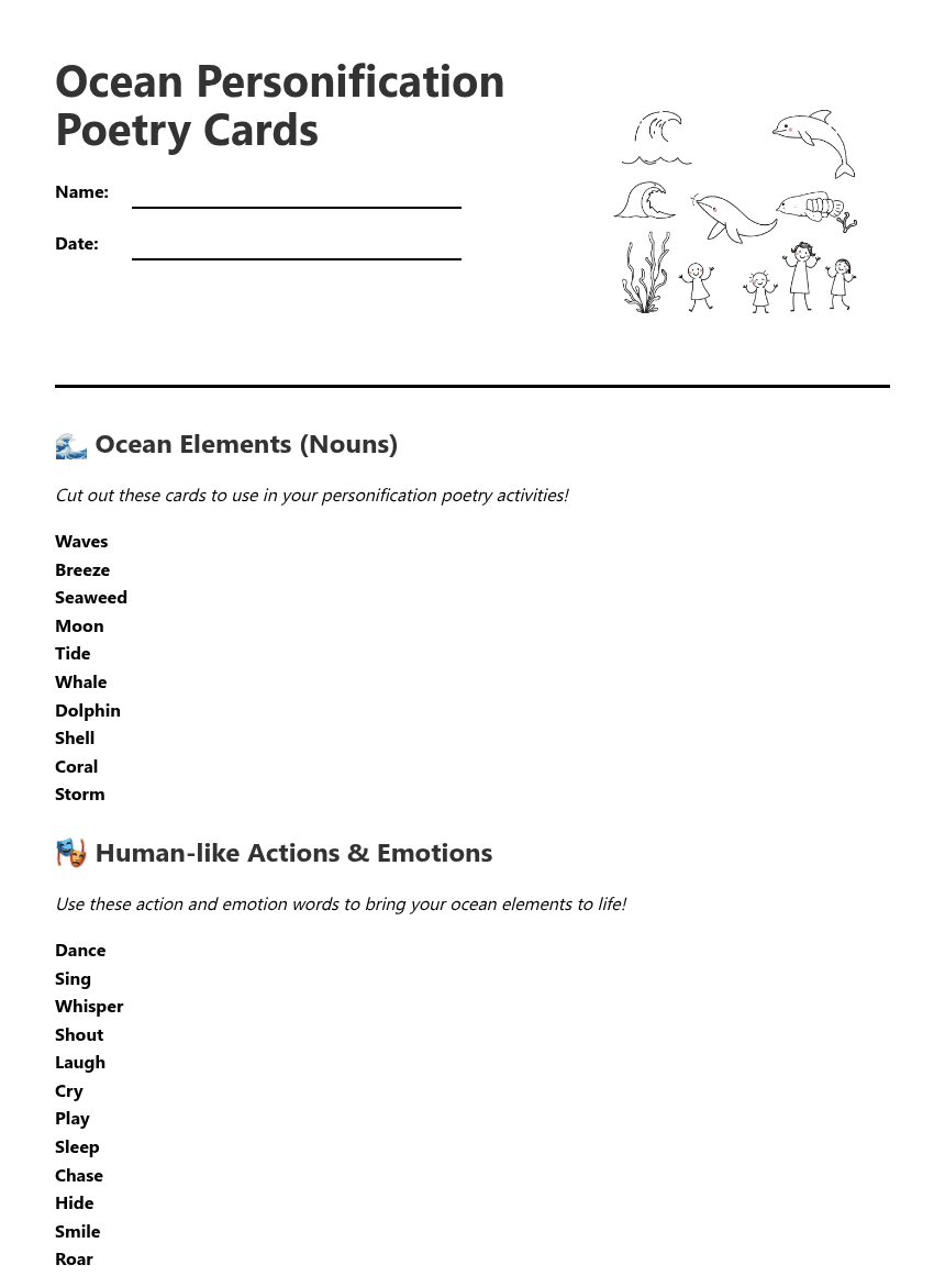 Ocean Personification Poetry Cards worksheet preview