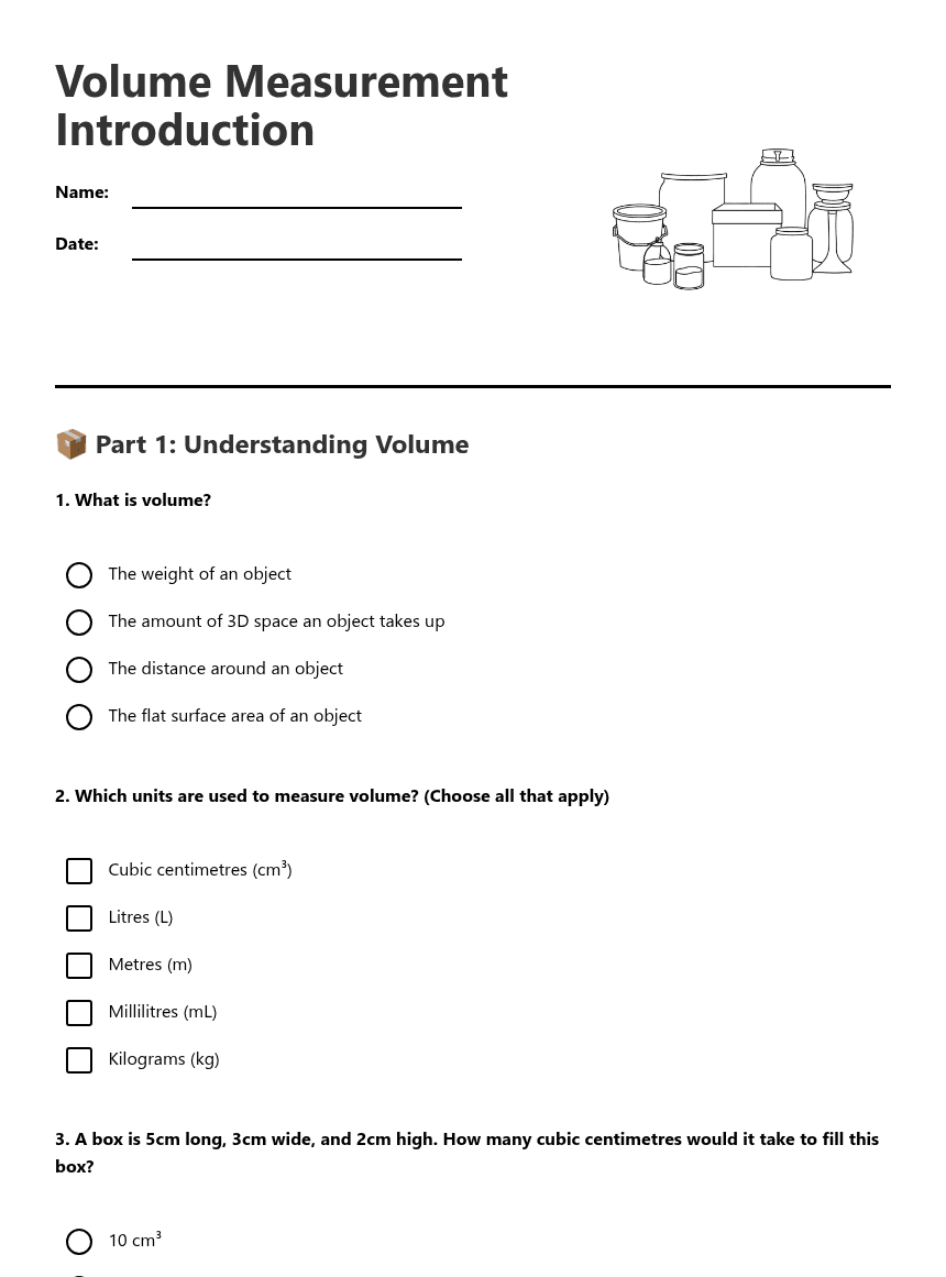 Volume Measurement Introduction worksheet preview