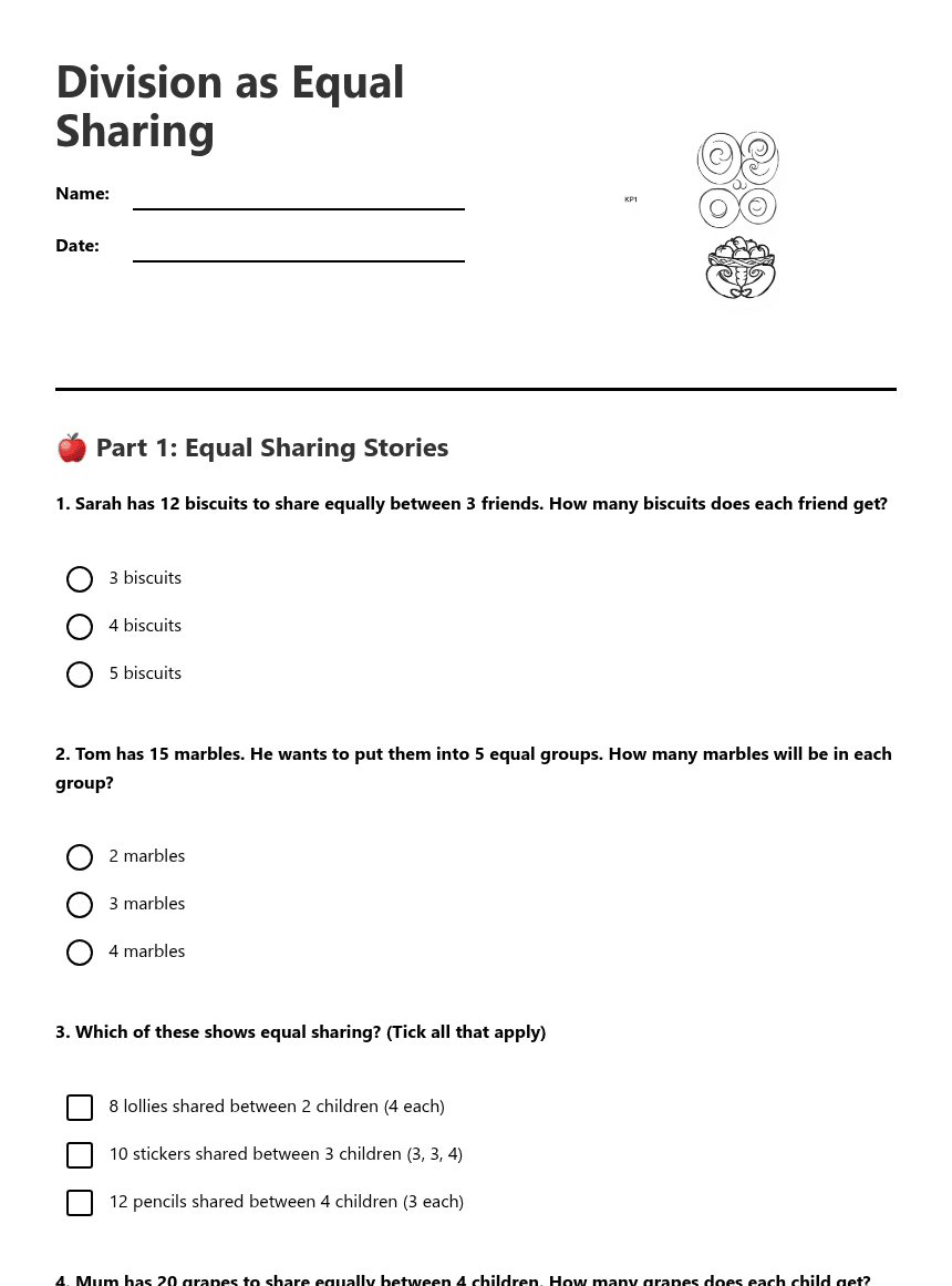 Division as Equal Sharing worksheet preview