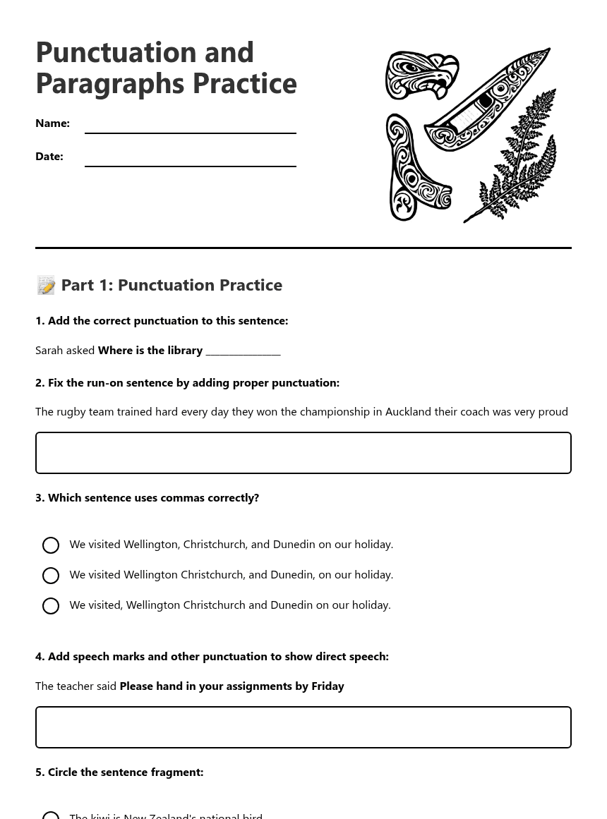 Punctuation and Paragraphs Practice worksheet preview