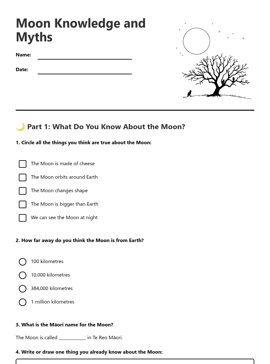 Moon Knowledge and Myths worksheet preview