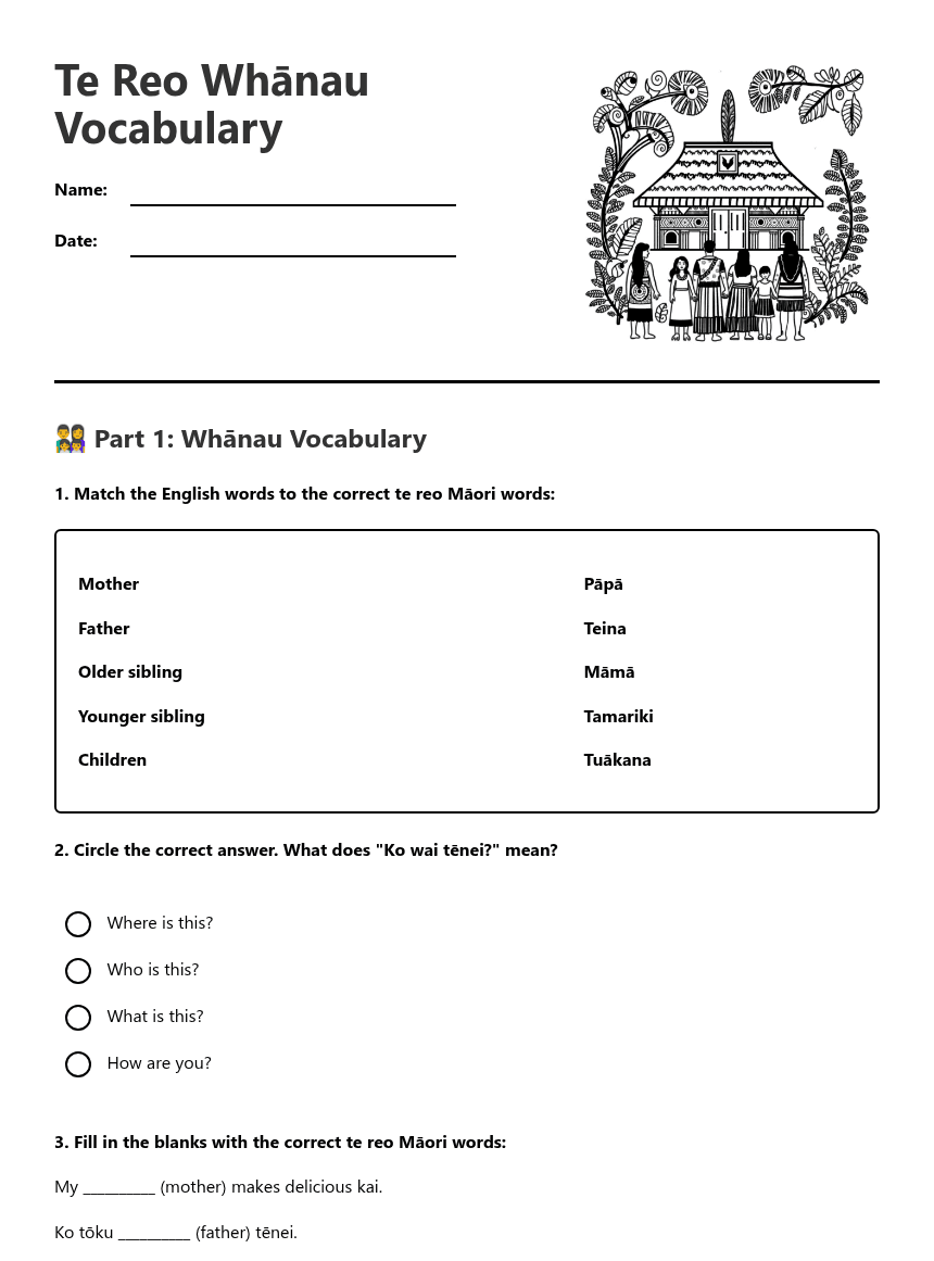 Te Reo Whānau Vocabulary worksheet preview