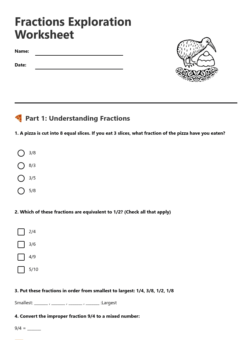 Fractions Exploration Worksheet worksheet preview